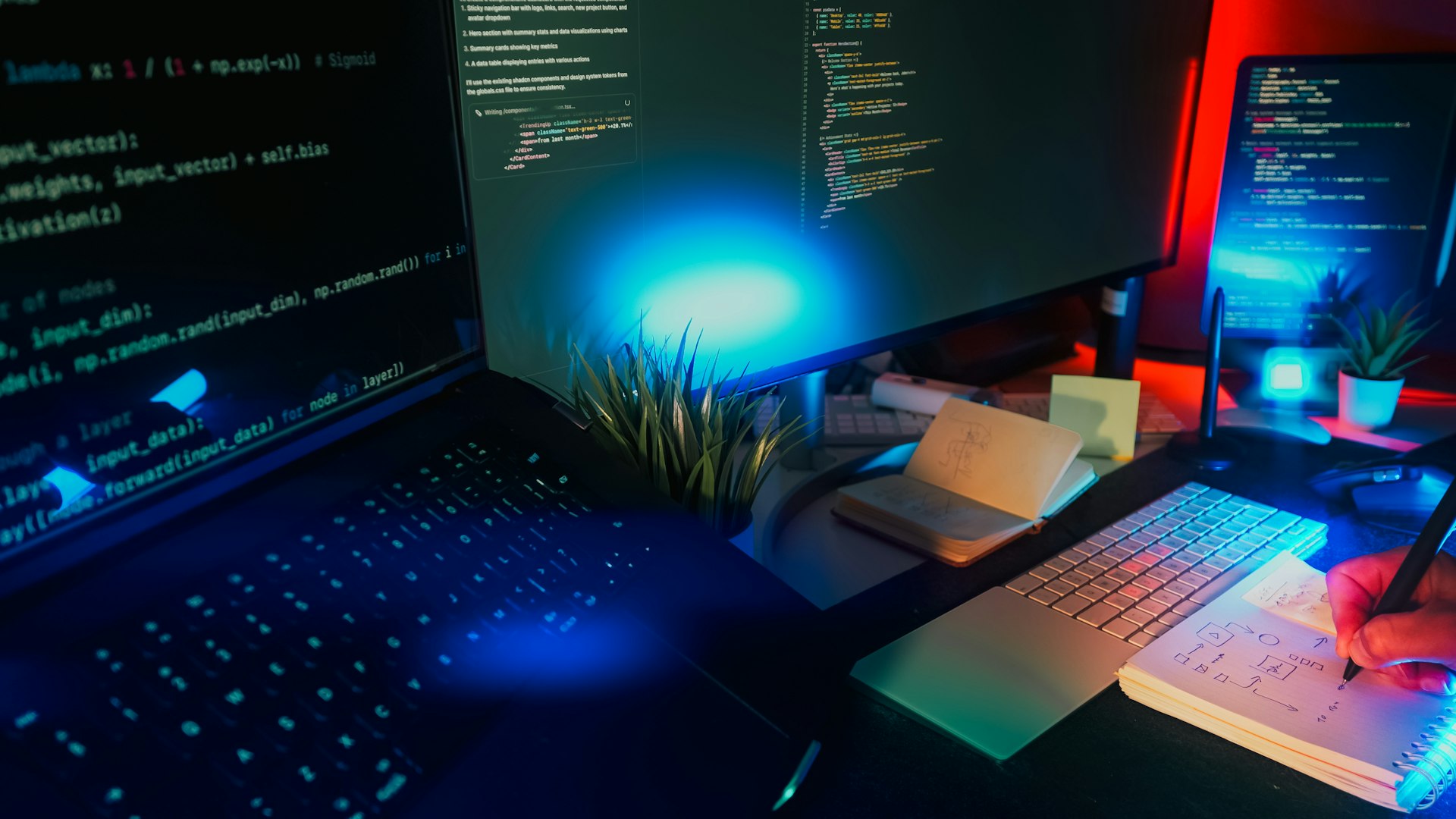 Developer workspace with glowing neon code on laptop and monitors